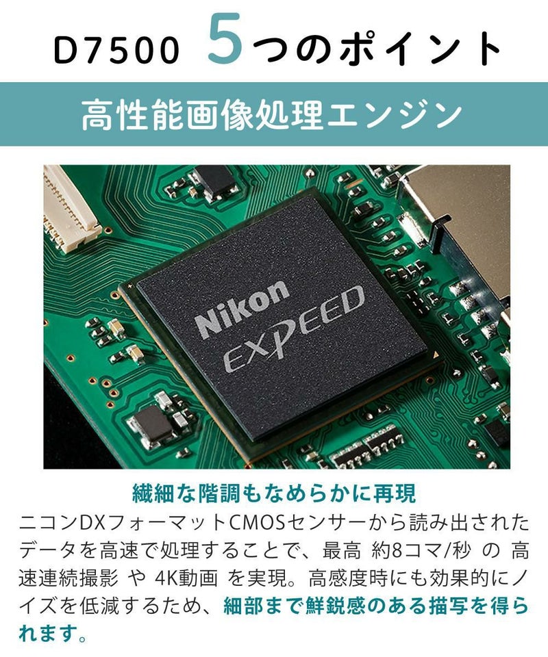 レビューでホットシューカバープレゼント  ミドルクラス 初級者～中級者 向け！8点セット <br>ニコン D7500 レンズキット Wi-Fi内蔵 Bluetooth内蔵 タッチパネル チルト式 Nikon 運動会 発表会 卒業式 本格志向 色鮮やか レンズ1本付 ラッピング不可