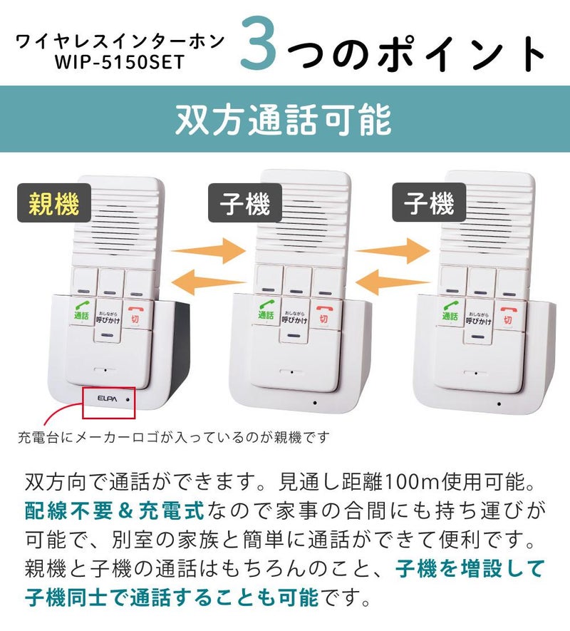 エルパ ワイヤレスインターホン 工事不要 WIP-5150SET 増設子機1台追加セット