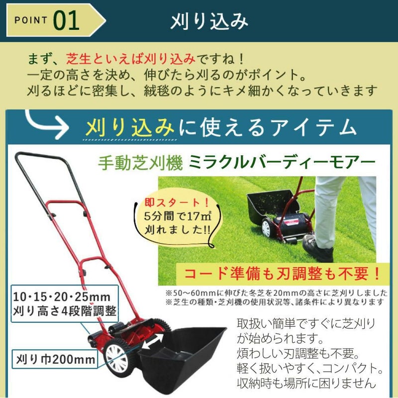 初心者安心 芝生お手入れ10点セット  キンボシ 手動 芝刈機 キンボシ ハッピーバーディモアー GSB-2000H  日本製・保証1年  他 芝生鋏 ローンパンチX ローンスパイクJr レーキ 等 エアレー