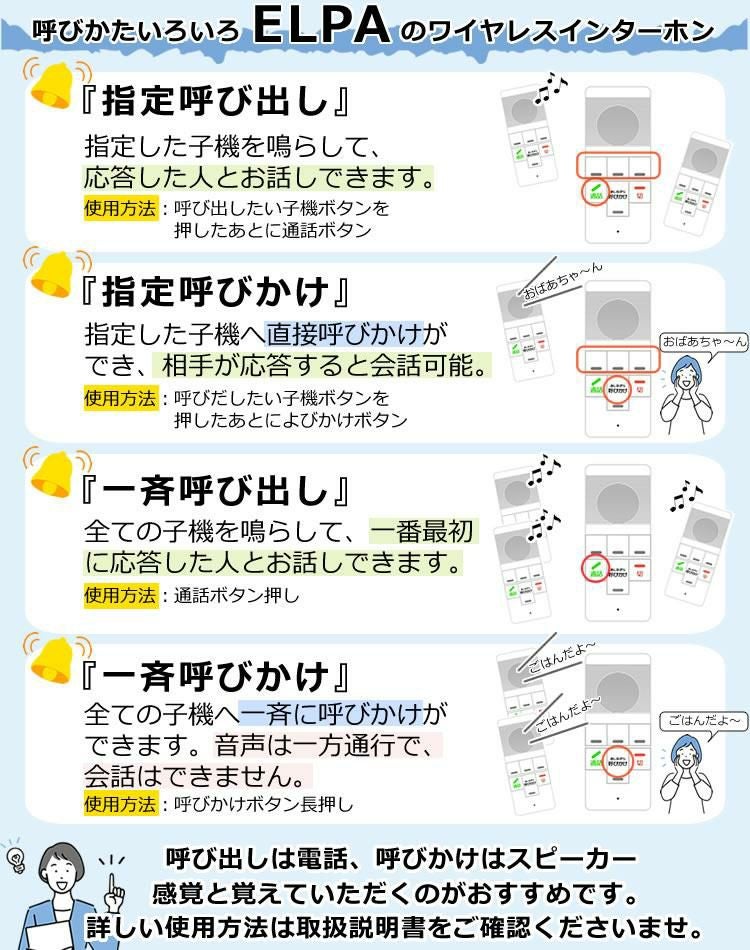 エルパ ELPA DECTワイヤレスインターホン ワイヤレス インターフォン WIP-5150SET WIP5150SET  カンタン通話 呼びかけ 呼び出し 室内 屋内 会話 お話し 応答