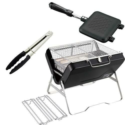 キャプテンスタッグ CSブラックラベル V型 ファイアグリル ワイド ＆ キャスト アルミ ホットサンド トースター ＆ 貝印 ナイロントング 240mm   焚火グリル ＆ ホットサンドメーカー  3点セット  UG-77＆UG-3005＆DH-7103  CAPTAINSTAG ラッピング不可