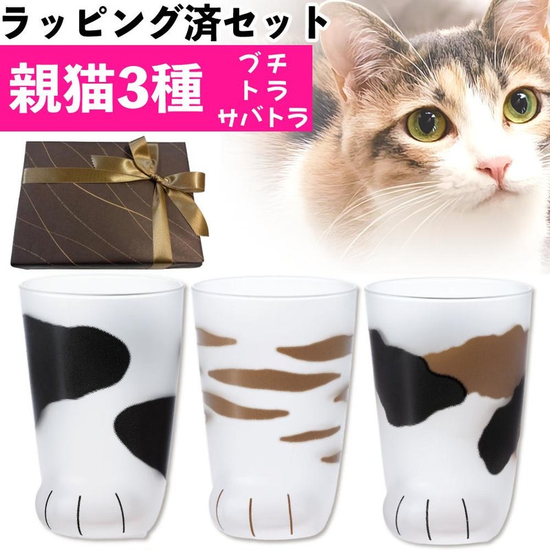 アデリア ここねこ coconeco 親猫 グラス 300ml ミケ トラ ブチ 3点 猫柄ラッピング済ギフトセット  食洗機不可  熨斗対応不可