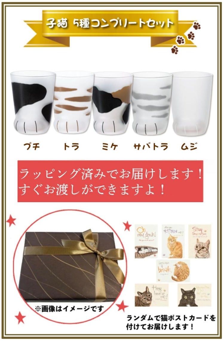 アデリア ここねこ coconeco 子猫 グラス 230ml ミケ トラ ブチ ムジ サバトラ 5点セット 猫柄ラッピング済   熨斗対応不可