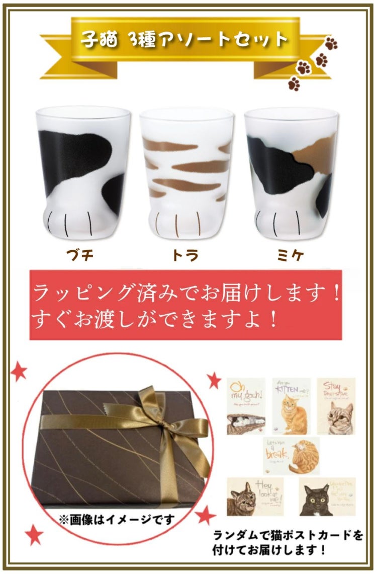 アデリア ここねこ coconeco 子猫 グラス 230ml ミケ トラ ブチ グラス3点セット 食洗機不可 猫柄ラッピング済み  熨斗対応不可