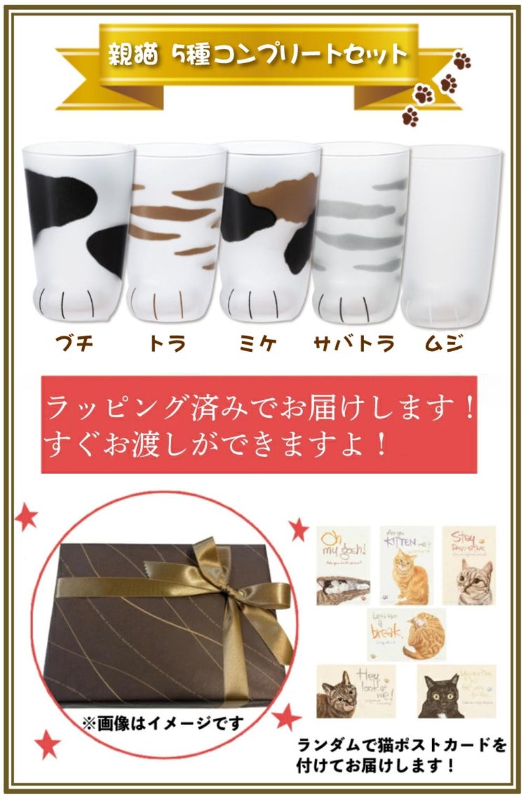 アデリア ここねこ coconeco 親猫 グラス 300ml ミケ トラ ブチ ムジ サバトラ 5点セット 猫柄ラッピング済み  熨斗対応不可