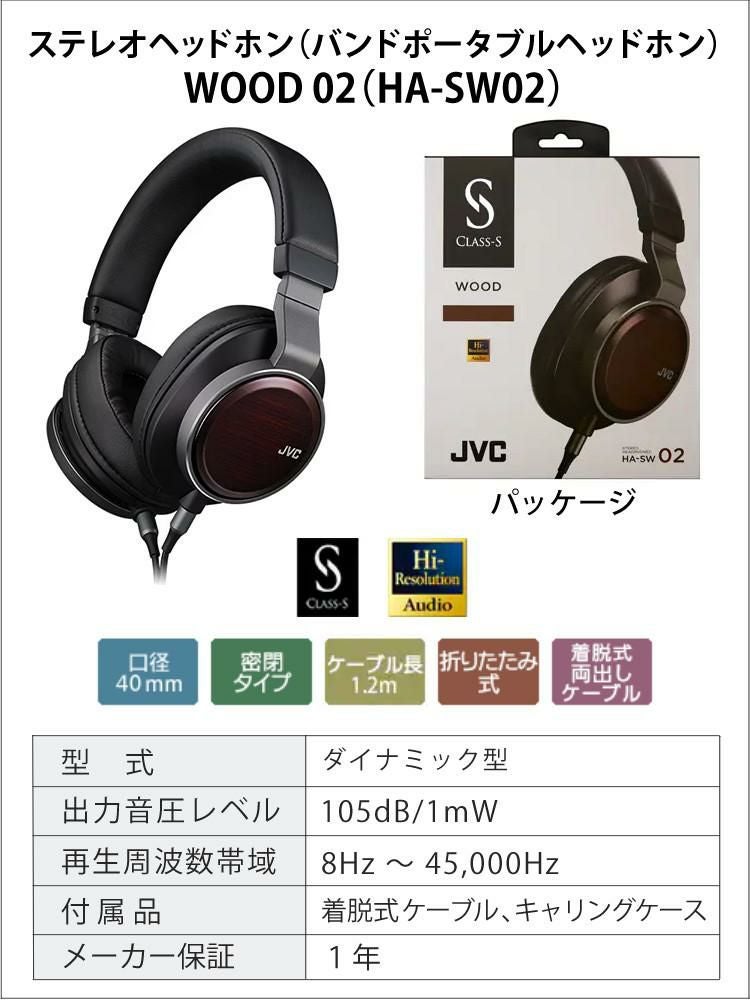 JVCケンウッド ヘッドホン WOOD 02 HA-SW02 ステレオヘッドホン バンドポータブルヘッドホン 有線 ダイナミック型 ハイレゾ対応 高音質 折りたたみ式 密閉型 KENWOOD クラスS CLASS-S 木製 ヘッドフォン 高級 ケース付