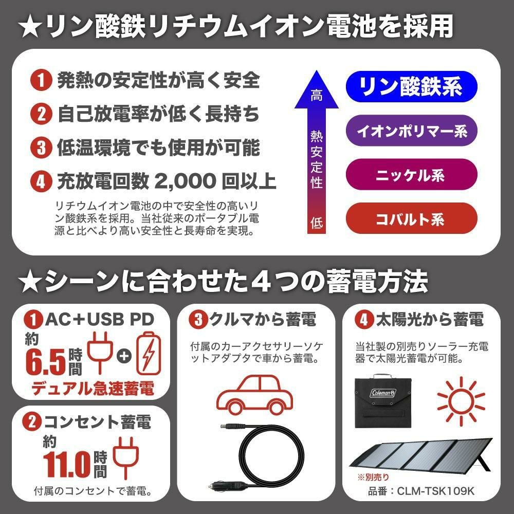 大容量1400W コールマン ポータブル電源 CLM-TL119K アウトドア キャンプ 車中泊 多目的 バッテリー 停電対策 防災 ポタ電 ラッピング不可
