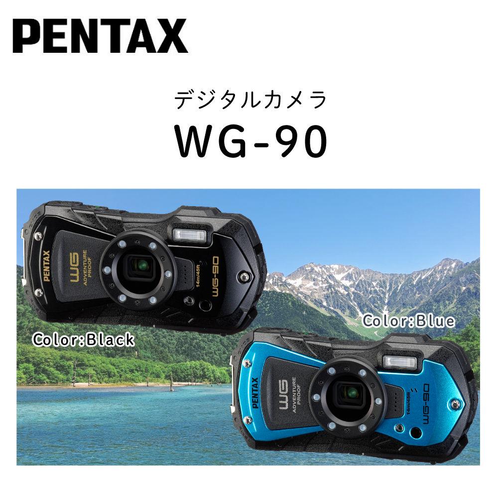 ペンタックス デジタルカメラブルー WG-90 防水デジカメ4点セット SD64GB＆充電池 D-LI92＆クロス2枚