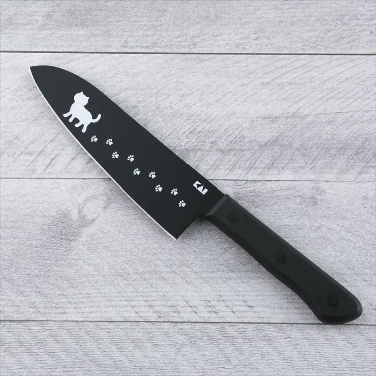 貝印 KAI  AB580 Nyammy ニャミー  ねこの包丁 三徳165mm ブラック/ウォームグレー ねこ 足跡 かわいい キッチングッズ