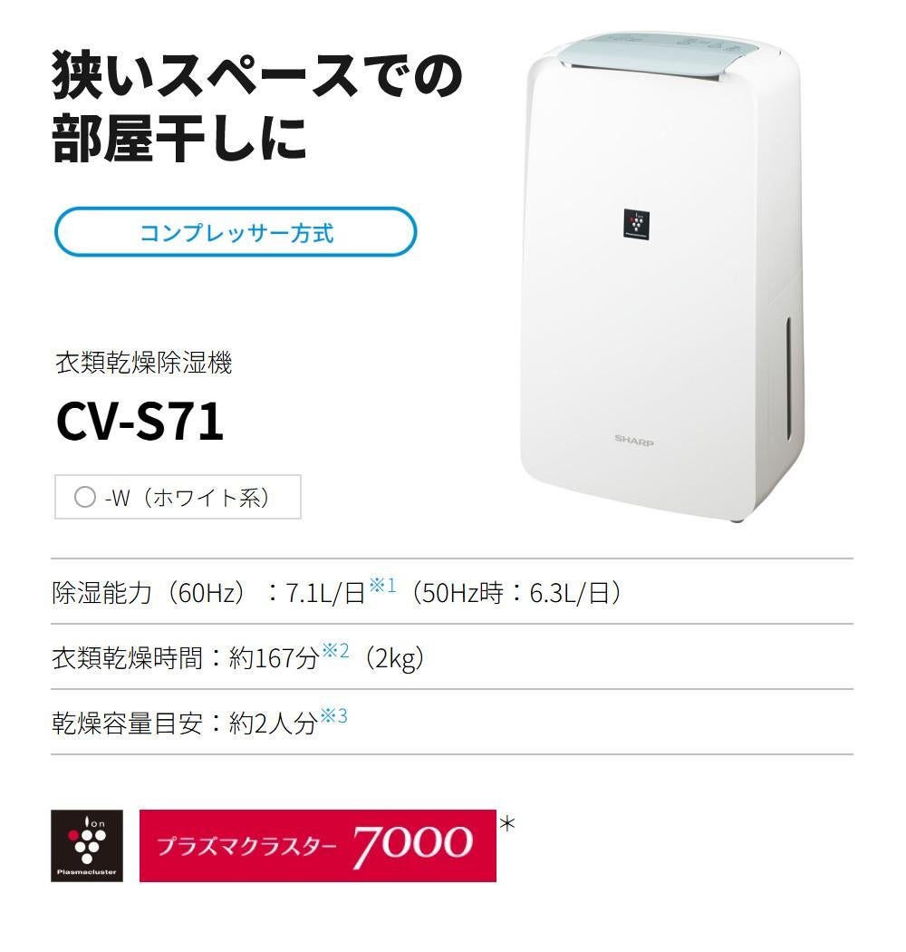 シャープ 衣類乾燥除湿機 CV-R71-W ホワイト 衣類乾燥 除湿機 SHARP プラズマクラスター