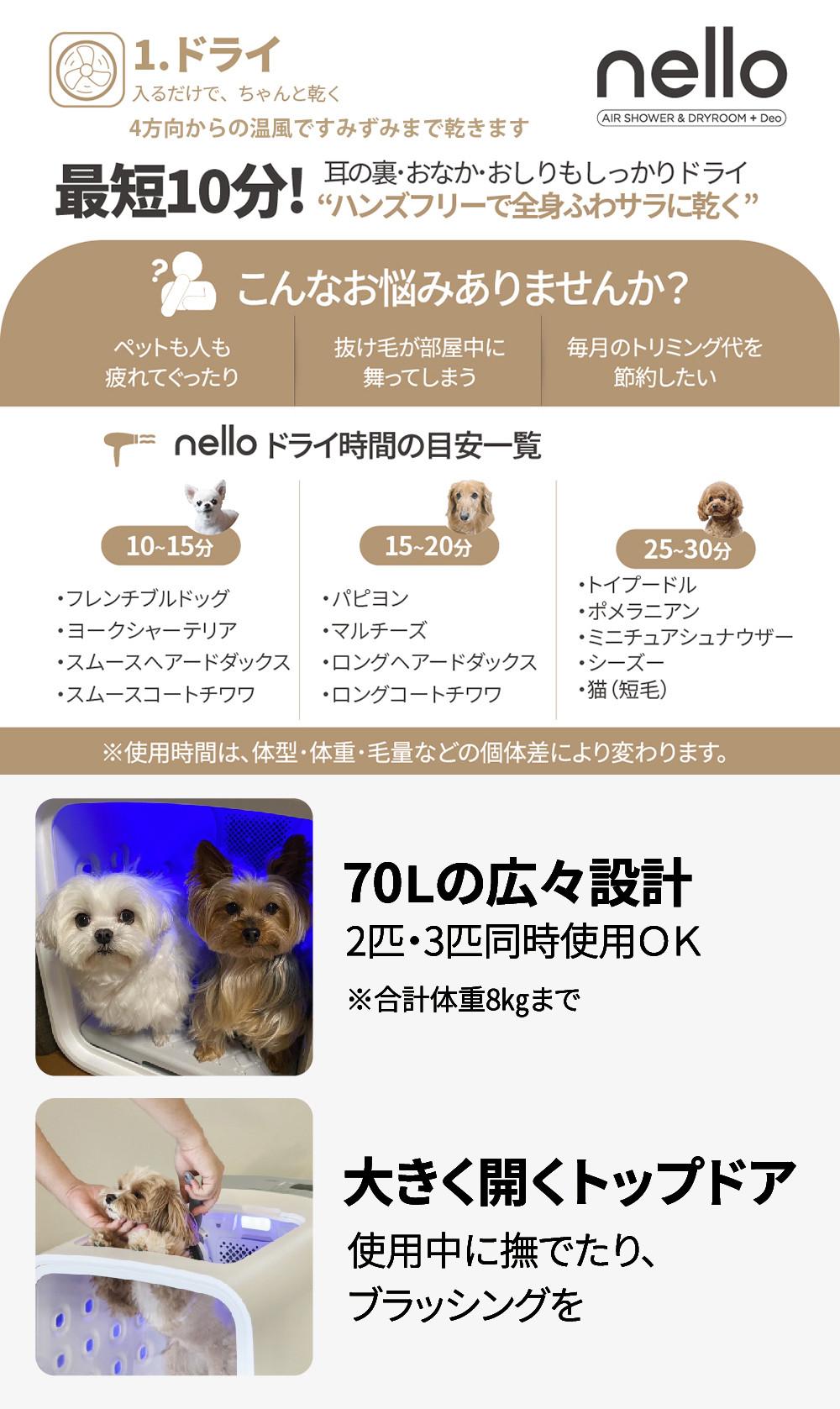 脱臭モード搭載 NEWモデル 獣医師推奨 nello ペットドライルーム＋Deo 犬 猫 乾燥 時短 ドライ エアシャワー ハウス 静音 花粉 多頭 ラッピング不可