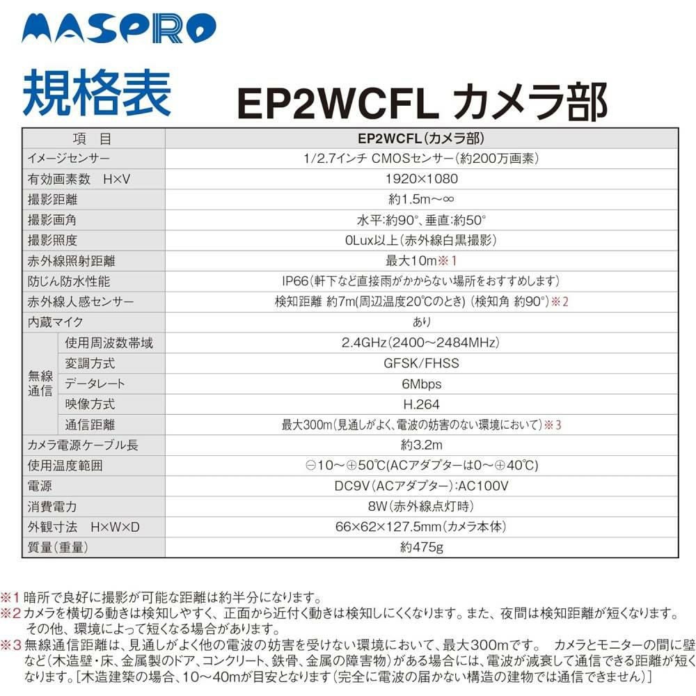 マスプロ電工 モニター＆ワイヤレスHDカメラセット EP2WCFL 増設カメラ