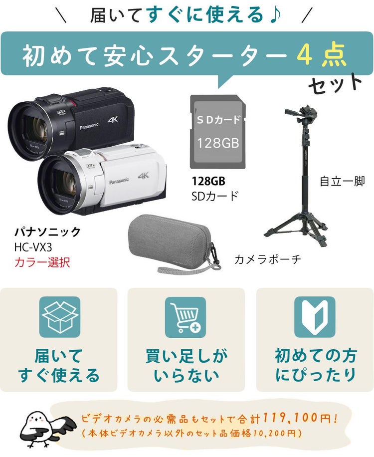 パナソニック デジタル4Kビデオカメラ HC-VX3 ブラック ホワイト ポーチ＆SD128G＆一脚セット
