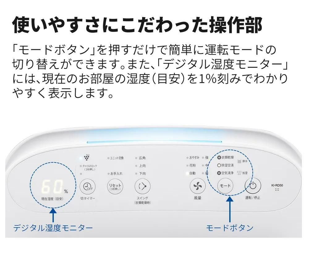 シャープ 空気清浄機 加湿器 除湿器 衣類乾燥 KI-RD50-W ホワイト ～10畳 SHARP 除加湿空気清浄機 コンプレッサー式 プラズマクラスター 25000