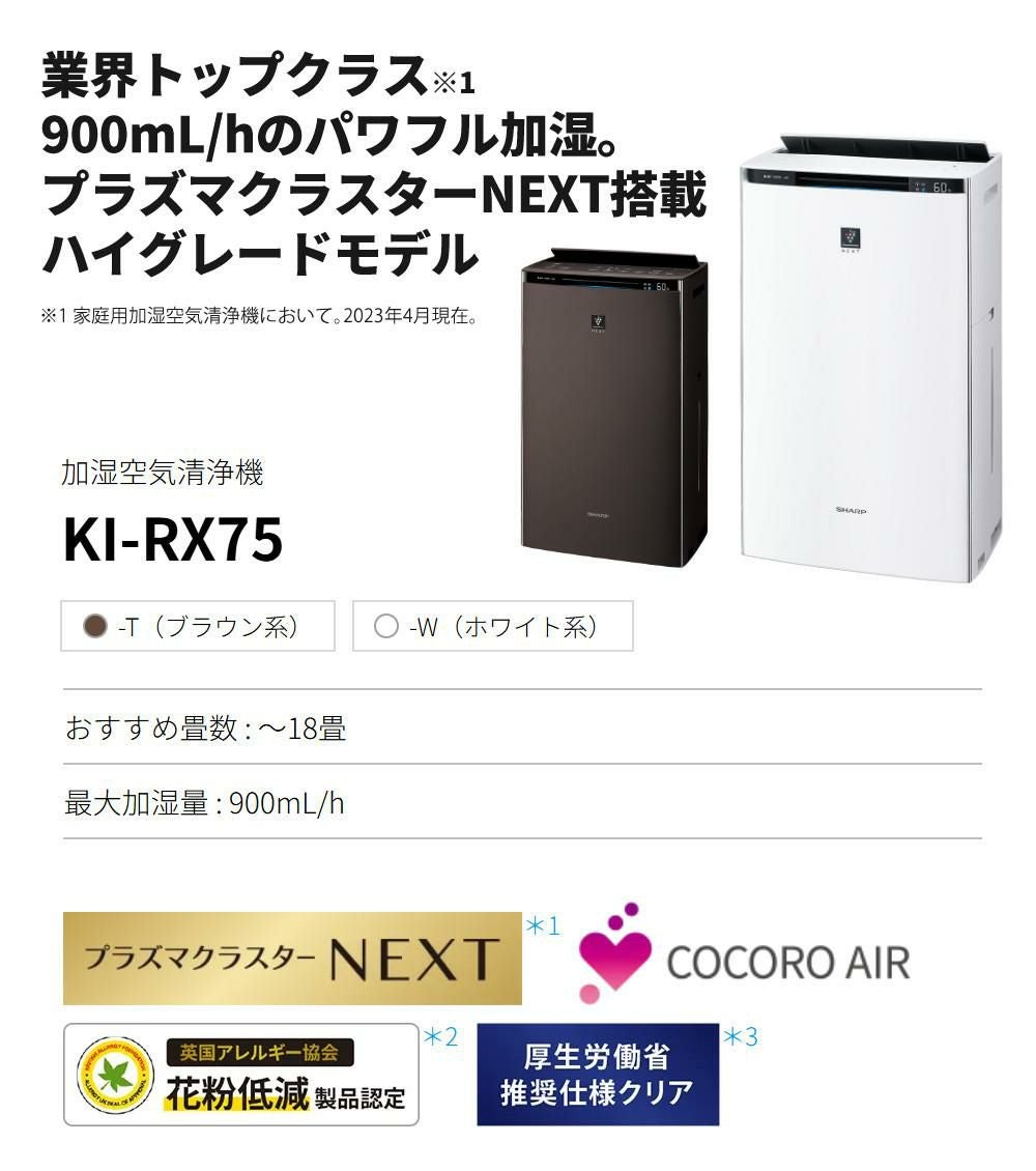 シャープ 加湿空気清浄機 KI-RX75-W ホワイト SHARP プラズマ